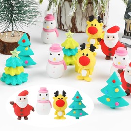FINGOOO Christmas Erasers for Kids, 30 Pcs Cute Santa Reindeer Snowman Xmas Tree Gift Box Erasers for Christmas Party Bag Filler