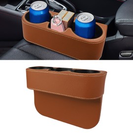 Hbxdeco Car Cup Holder, Multifunctional Auto Drink Holder Gap Filler Storage Box, Leather Car Seat Organizer with Cup Holder, Universal Vehicle Front Seat Organizer for Bottle Phone (Brown)