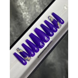 Handmade CUSTOM Gel Press On False Nails, PURPLE W/ Bling ,Long Coffin 10p w kit NEW