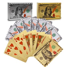 Joyoldelf 2 Decks of 24k Playing Cards, Waterproof Poker with Dollar Pattern in Gift Box, 1 Gold + 1 Silver