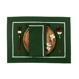 D'Moksha Homes Forest Green Linen Placemats with White Trim, Set of 4-14 x 19 Inch, 100% Pure Linen Fabric Placemats Green & White, Cloth Placemats for St Patricks Day, Easy Care Machine Washable