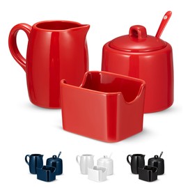 Kook Sugar and Creamer Set, 3 Piece, Pitcher, Sugar Bowl with Lid and Spoon, Sweetener Holder (Red)