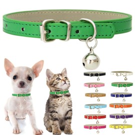 Green XXS Dog Collar with Bell, Soft Pu Leather Cat Collars Adjustable Buckle for XS Extra Small Medium Tiny Female Male Boys Girls Pets Puppy Kitten Teacup Yorkie XX-Small
