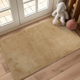 jinchan Solid Plush Area Rug 2x3 Performance Shaggy Rug Washable Area Rug Indoor Entryway Doormat Soft Rug Modern Faux Wool Rug Cozy Non Slip Carpet for Living Room Kids Room Bedroom Nursery Tan