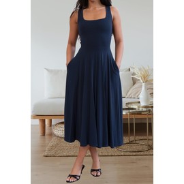 FairBeauty Women's Square Neck Casual Sleeveless Midi Dress Stretchy Summer Sundress with Pockets Navy Blue
