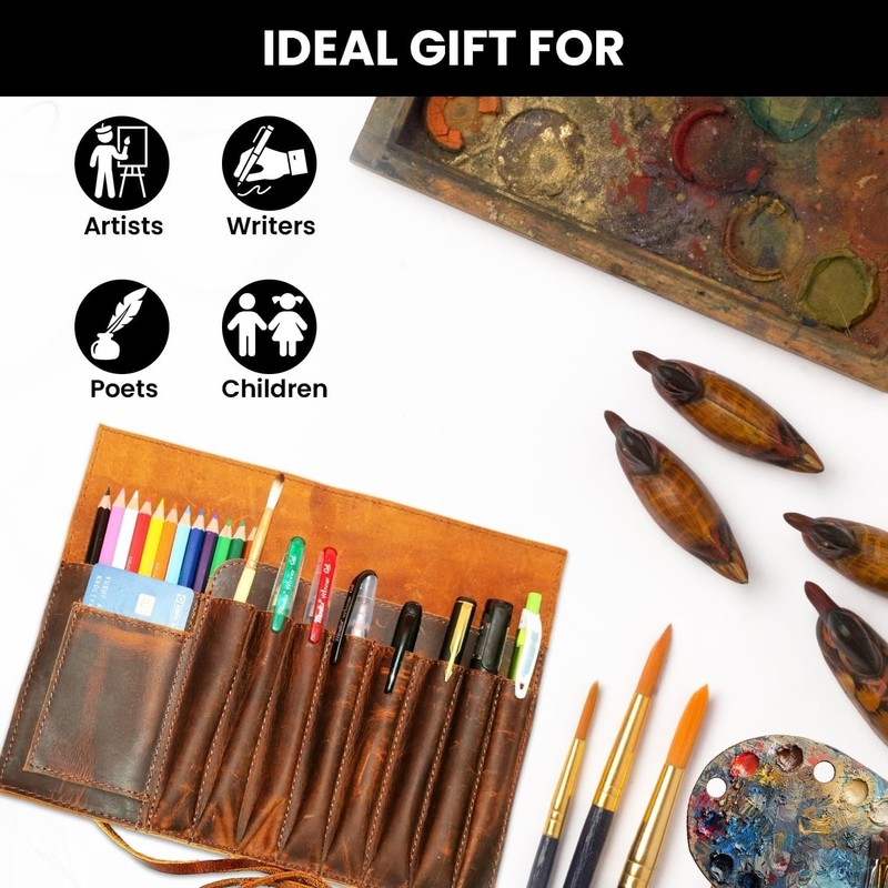 Jaald Genuine Leather Pencil Roll Brush Case Pen Holder Organizer