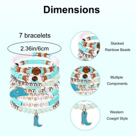 Mikovivi 7stk Cowgirl Armbänder, Stapelbare Western Perlenarmbänder mit Cowgirl-Hut und Stiefel-Charms Y2K-Sti Boho-Sommerstrand Schmuck für Frauen(Blau)