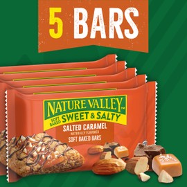 Nature Valley Soft Baked Sweet and Salty Bars, Salted Caramel, Morning Snacks, Made with Whole Grain, 5 Bars, 6.2 oz