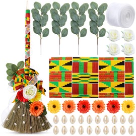 Yungyan Wedding Brooms for Jumping Ceremony Kente Bride Bridegroom DIY Whisk Brooms 12 x 29 Inch with Kente Cloth Gerbera Daisies African Shells for Wedding Ceremony Craft