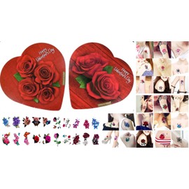 Elmer Chocolate Valentine's Day Rose Flowers Heart Shaped, 2 Ounce Chocolate Gift Box with 20 Pcs Random Colorful 3D Stereo Tattoo Flower Sticker Temporary Waterproof Beautiful Body Art (2 Pack Assorted 4 Roses & 2 Roses)