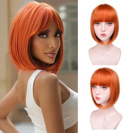 Short Bob Wigs With Bangs - Straight bob wig for women Ginger 12inch Synthetic wig Heat Resistant Fiber Hair Natural and stylish look suitable for cosplay parties…