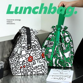 XINGNIAO Creative Graffiti Insulated Lunch Bag, Cotton Canvas Drawstring Bento Tote for Picnics
