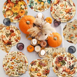 Guzbewu Fall Birthday Party Decorations Tableware,Vintage Fall Plates and Napkins Pumpkin Harvest Paper Plates Dinnerware for Thanksgiving Autumn Party Supplies