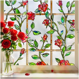 ALIUNI Stained Glass Window Film, Window Privacy Film Frosted Faux 3D Floral Decorative Static Cling Heat Blocking Window Tint, Rose, 35.4 X 78.7 in