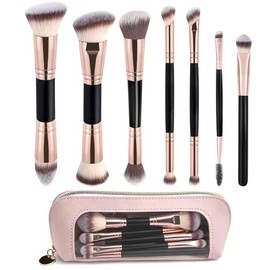 Juego de 8 Brochas de Maquillaje Profesional - Pinceles Suaves para Base, Contorno y Sombras de Ojos, Fáciles de Usar para Principiantes, Ideales para Viaje o Regalo, Incluye Estuche Portátil Rosado
