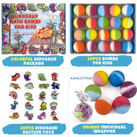 Bath Bombs for Kids, 20PCS Bath Bombs with Dinosaur Suction Toys Inside, Colorful Bubble Fizzy Bath Bombs for Toddlers, Natural Organic Bath Bombs for Girls and Boys at Birthday, Christmas