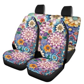 Jeiento Boho Mandala Car Interior Seat Cover 4PCS Set for Women Ethnic Style Front Seat Cover and Rear Split Bench Protection Fit for Most Cars SUVs Trucks Vans