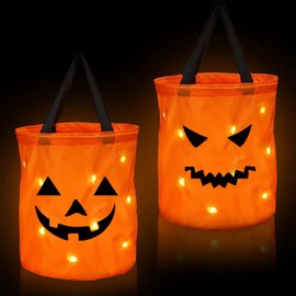 Jiusely Halloween Light Up Candy Bags 2 PCS Trick or Treat Bags Halloween Candy Bucket Orange Light Up Party Gift Bags Reusable Goody Bucket Party Supplies Gift Bag