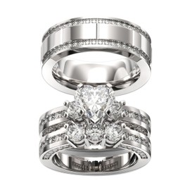 TWO RINGS Wedding Ring Sets His And Hers Promise Ring Couples Bridal Sets Women 925 Sterling Silver Heart Cut Moissanite Man Titanium Brushed Finished Wedding Band