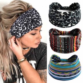 Zoestar Boho Wide Headbands Stripes Yoga Headscarves Knot Turban Head Wrap Leopard Vintage Stylish Hair Bands Elastic Thick Fashion Hair Accessories for Women and Girls (Pack of 3)