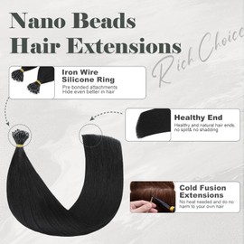 Rich Choices Nano Ring Hair Extensions - Real Human Hair, Jet Black, 20 Inch, 50 Strand/Pack, Straight Remy