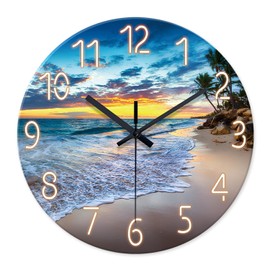 Constantplanet Palm Tree Clock Battery Operated 12 Inch - Glass Blue Wall Clock Non Ticking - Beach Wall Clock for Bedroom