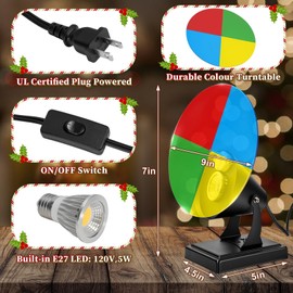 Christmas Tree Color Wheel with 2PCS E27 LED Light,Red/Yellow/Blue/Green Rotating Color Wheel Lights,120V 5W LED Light Revolving Colors Wheel for Vintage Silver Tinsel Retro Aluminum Christmas Tree