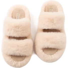 FamilyFairy Women's Fluffy Faux Fur Slippers Comfy Open Toe Two Band Slides with Fleece Lining and Rubber Sole(11-12, Beige)