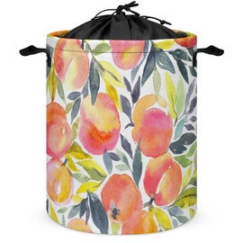 Watercolor Peaches Laundry Hamper Collapsible Stylish Fruit Design Laundry Basket with Drawstring Waterproof Laundry Bag Toys Storage Bin with Handle for Boys Girls Bedroom Bathroom