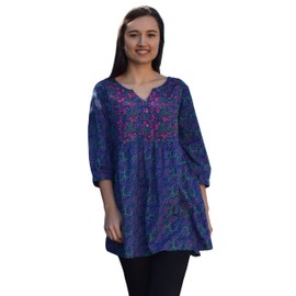 Megha Blusa de algodón puro bordada a mano e impresa, Indigo Malva Con Bordado Malva, S