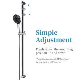 OFFO Shower Slide Bar Combo, Adjustable 40 in Slide Bar with 6-Mode High Pressure Handheld Shower Head and 60 in Stainless Steel Hose, Screw Wall Mounted, Chrome