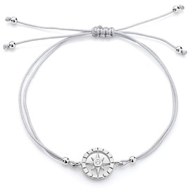 Heartbreaker LD WR 82 Bracelet with Compass in Real Silver Rhodium-Plated on Cotton Band / Wind Rose Collection / Cute Bracelet Made of 925 Sterling Silver for Women and Children / Length Approx.