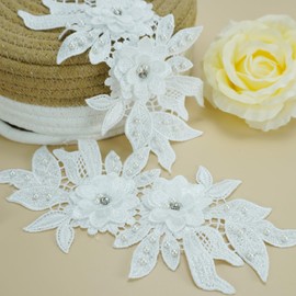 Mililanyo 2 Pieces 3D Lace Beads Flower Embroidered Patches Pair of Sequin Lace Sewing On Appliques for Wedding Dress Collar Decor DIY Crafts Decorations, White