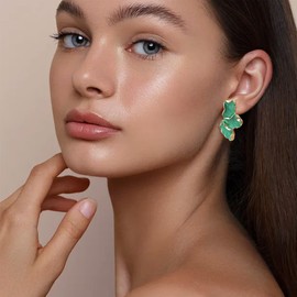 JeanBeau Gold Flower Petal Stud Earrings for Women, Trendy Statement Green Enamel Floral Hypoallergenic Earing Summer Prom Fashion Jewelry Gift