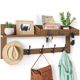 Coat Rack Wall Mount with Shelf, 23.7in Coat Hanger Wall Mount with 5 Dual Hooks 3 Key Hooks, Wood Hanging Entryway Shelf, Large Wooden Key and Mail Holder for Wall, Premium Coat Rack with Shelf