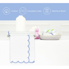 PurpleEssences Scalloped Embroidery Cloth Napkins Christmas Holiday Winter Table Decor 100% Cotton Set of 4-18 x 18 inch - White - Edges - Light Blue