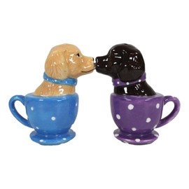 Ebros Ceramic Chocolate And Fawn Labrador Puppy Dogs With Blue And Purple Polka Dots Collars In Tea Cups Kissing Salt And Pepper Shakers Figurine Set Pet Pal Pups Puppies Labradors Golden Retrievers