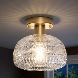 Helitemis 1-Light Gold Vintage Semi Flush Mount Ceiling Light, Embossed Relief Glass Shade Close to Ceiling Light Fixture, E26 Base Farmhouse Lighting for Hallway Entryway Bedroom Kitchen