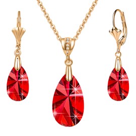 EVEVIC Austrian Crystals Teardrop Pendant Necklace Earrings for Women 14K Gold Plated Hypoallergenic Leverback Drop Dangle Earrings Jewelry Set (Red)