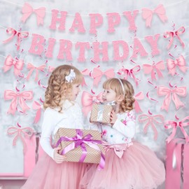 Bows Birthday Decorations, Pink Bow Birthday Banner Party Bow Hanging Swirls Girl Theme Decor for Coquette Party Baby Shower Pink Hanging Decorations