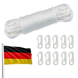 Flag Rope Flagpole Rope, 20 m Flag Rope Halyard with 10 Flag Hooks, Diameter 6 mm Weatherproof Tear-Resistant Climbing Rope, Nylon Flag Rope Flagpole Cord for Flagpole, Sailing Boat, Garden, Camping