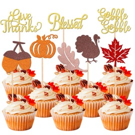 24 piezas de decoración para cupcakes de Acción de Gracias con purpurina, pavo, hojas de arce, calabaza, avellana, tema de otoño, para decoración de pasteles de Acción de Gracias, suministros de fiesta de cumpleaños