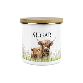 Purely Home Highland Cow & Calf Kitchen Sugar Storage Canister - Countryside Farm Metal Enamel Food Storage Container