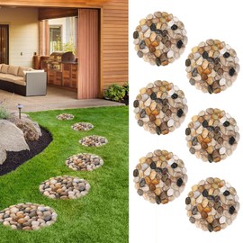 Natural Pebble Stepping Stones for Garden & Outdoor Walkways - 9 Inch Round Therapeutic Massage Stones, 6pcs Non-Slip Acupressure Floor Mats, Polished River Rock Decorative Stone Path