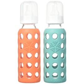 Lifefactory 9oz Glass Baby Bottle 2pk Bundle with 2 Stage 3 Nipples (Kale/Papaya)