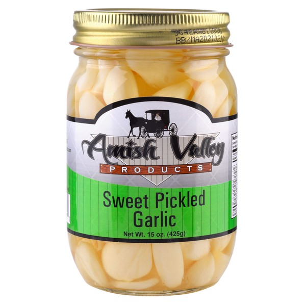 Amish Valley Products Country Pickled Garlic Sweet or Hot Flavor 15 oz Glass Jar (SWEET, 1-15oz JAR)