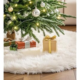 48 Inch Faux Fur Christmas Tree Skirt, Fluffy Plush Skirt for Christmas Tree, White Christmas Tree Rug Skirt Perfect for Christmas Party Decorations