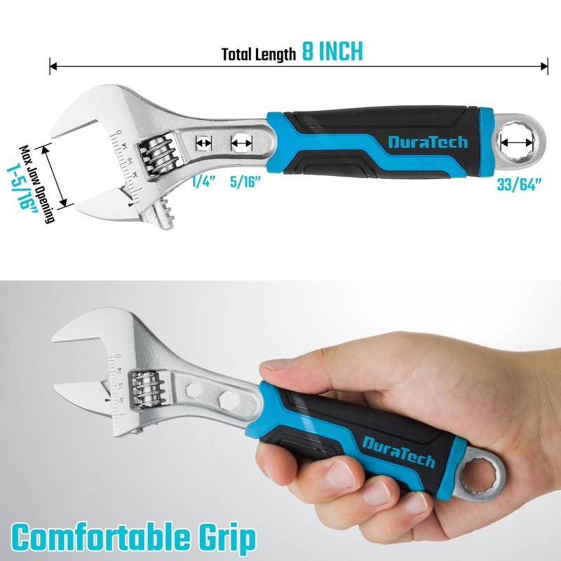 DURATECH 8 Inch Adjustable Wrench, 3-in-1 Spanner with Box End/Hex
