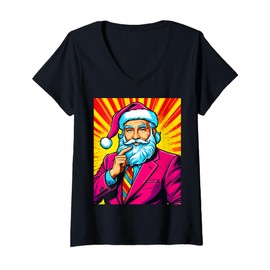 Womens Pop Art Santa Claus in Business Suit V-Neck T-Shirt
