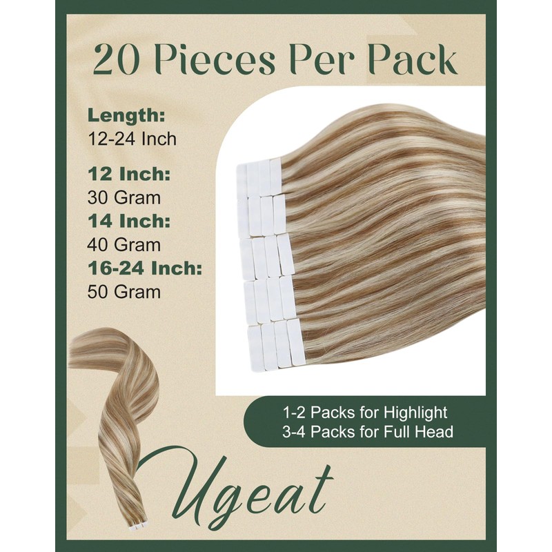 Ugeat Blonde Hair Extensions Tape in Human Hair Golden Brown